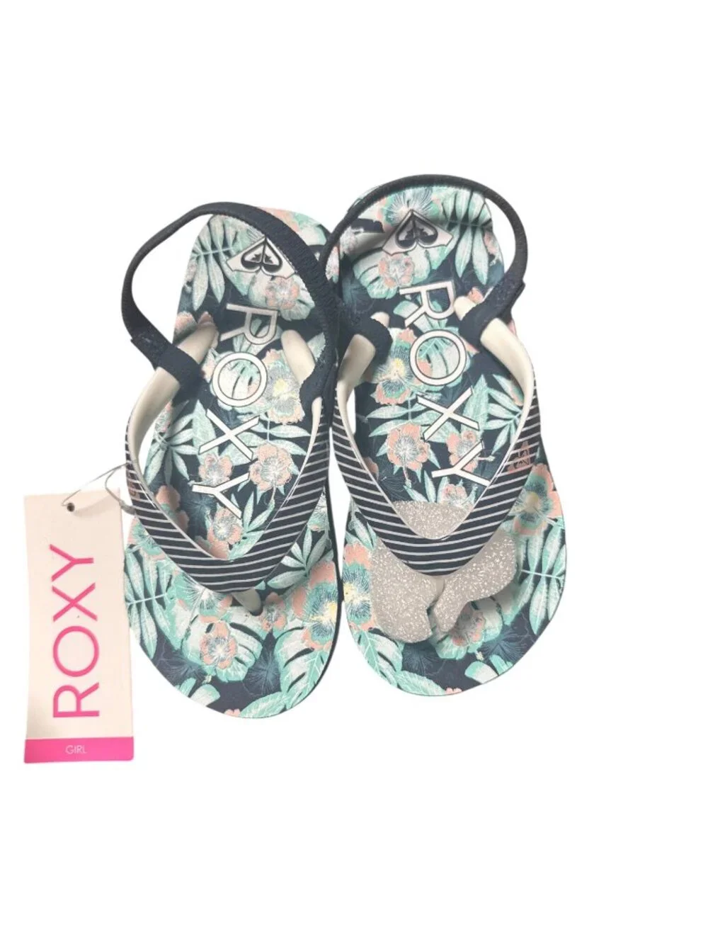 Roxy Girl Size 10 Pink Black Green Tropical Print Flip Flops Floral Summer Beach